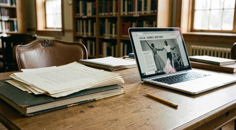 A careful archive method is marked in a notebook beside preserved dance documents.