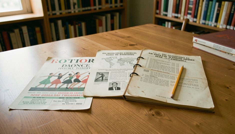 Archival dance flyers and record sleeves arranged beside a dated notebook.