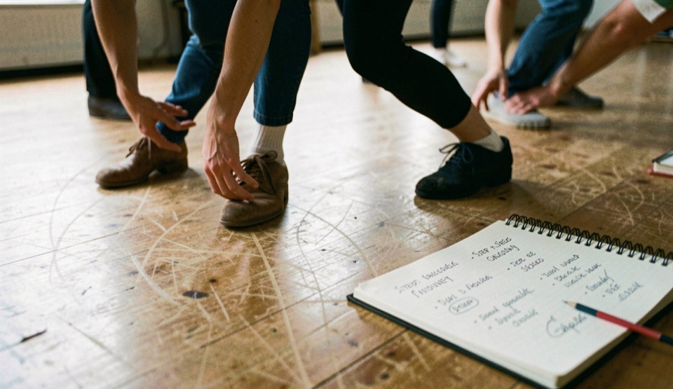 A notebook of dance steps beside shoes on a polished social floor.